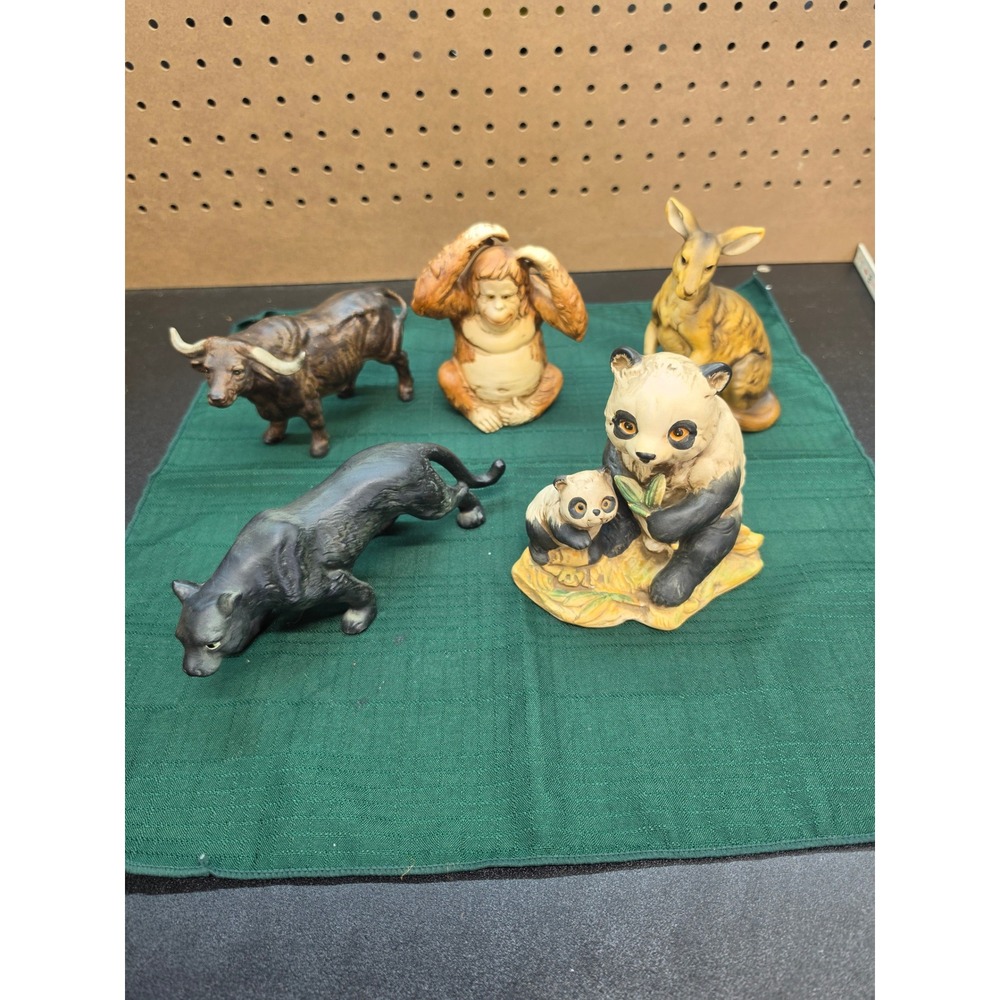 Vintage Ceramic Animal Figurine Lot Panther Panda Orangutan Kangaroo Buffalo
